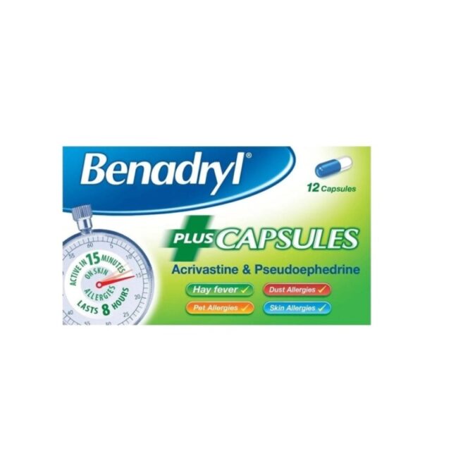 Benadryl Allergy Relief Plus Decongestant - 12 Capsules - Caplet Pharmacy